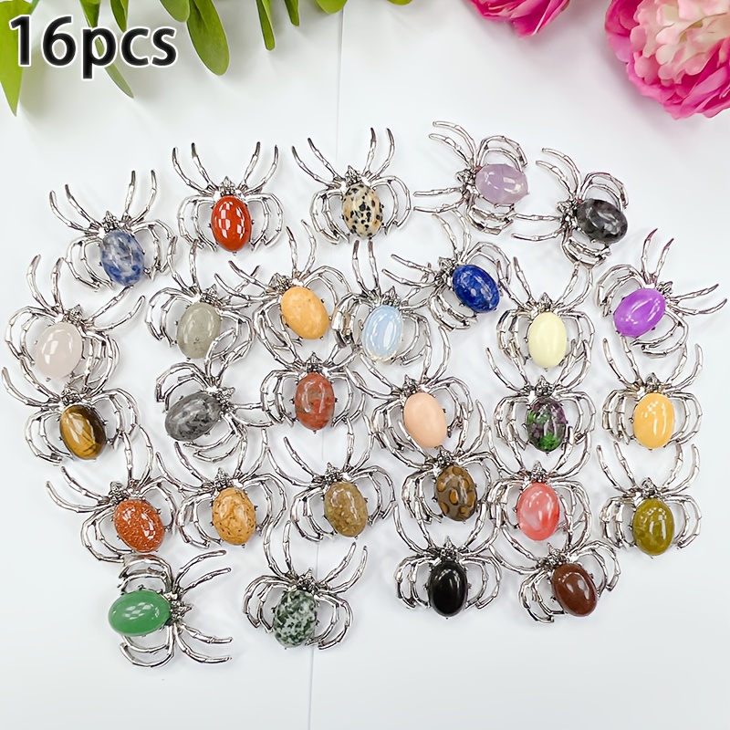 TEMU 16pcs Natural Stone Spider Pendant Necklace - A Gothic Accessory For Halloween, Featuring Of Multi- Animals, Including Green, Purple, Blue, Red, Pink, White