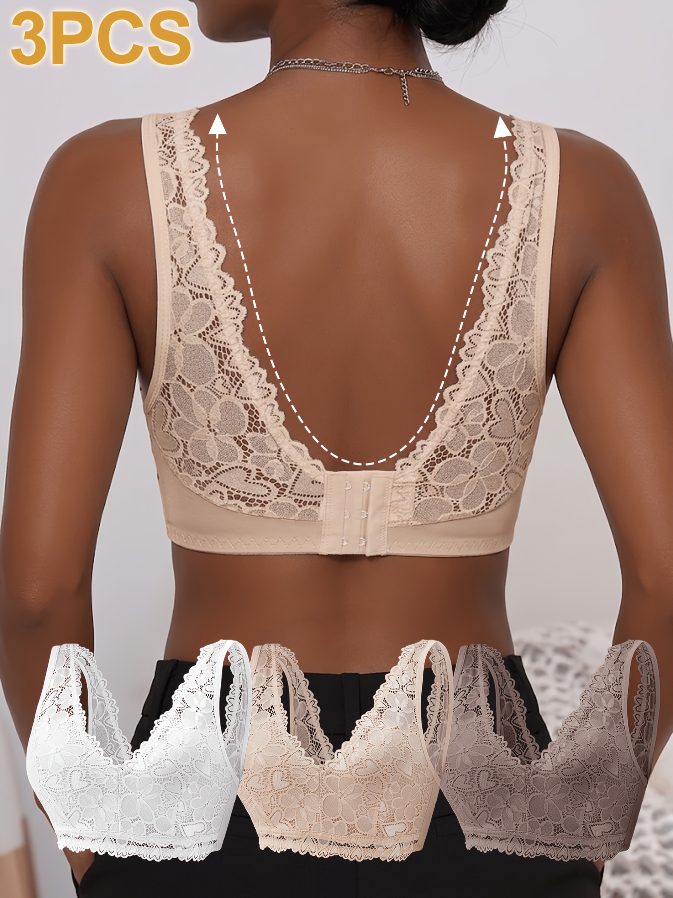 3pcs Elegant Bras with Lace Deep V Floral Pattern