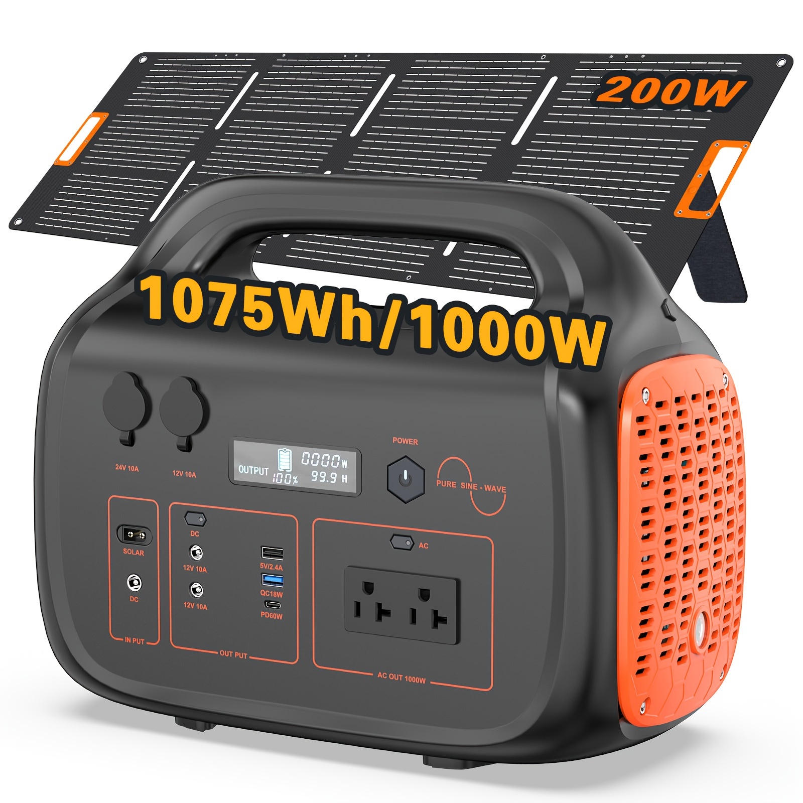 

1000w+200w Solar Panel Portable Power Station, 1075wh Backup Lithium Battery, 120v/1000w Ac Outlet, Solar Generator For Home, Rv, Outdoor, Camping And Emergencies Use