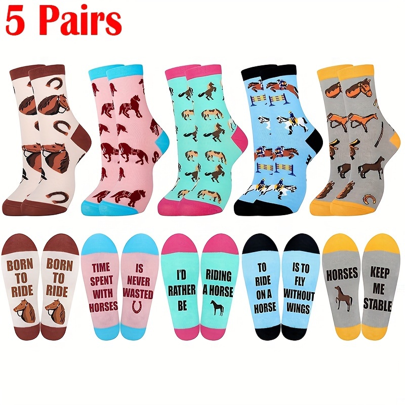 

5 Pairs Of Boy's & Girl's Trendy Horse Pattern Novelty Crew Socks, Cotton Blend Breathable Socks For Teenager Outdoor Wearing All Seasons Wearing