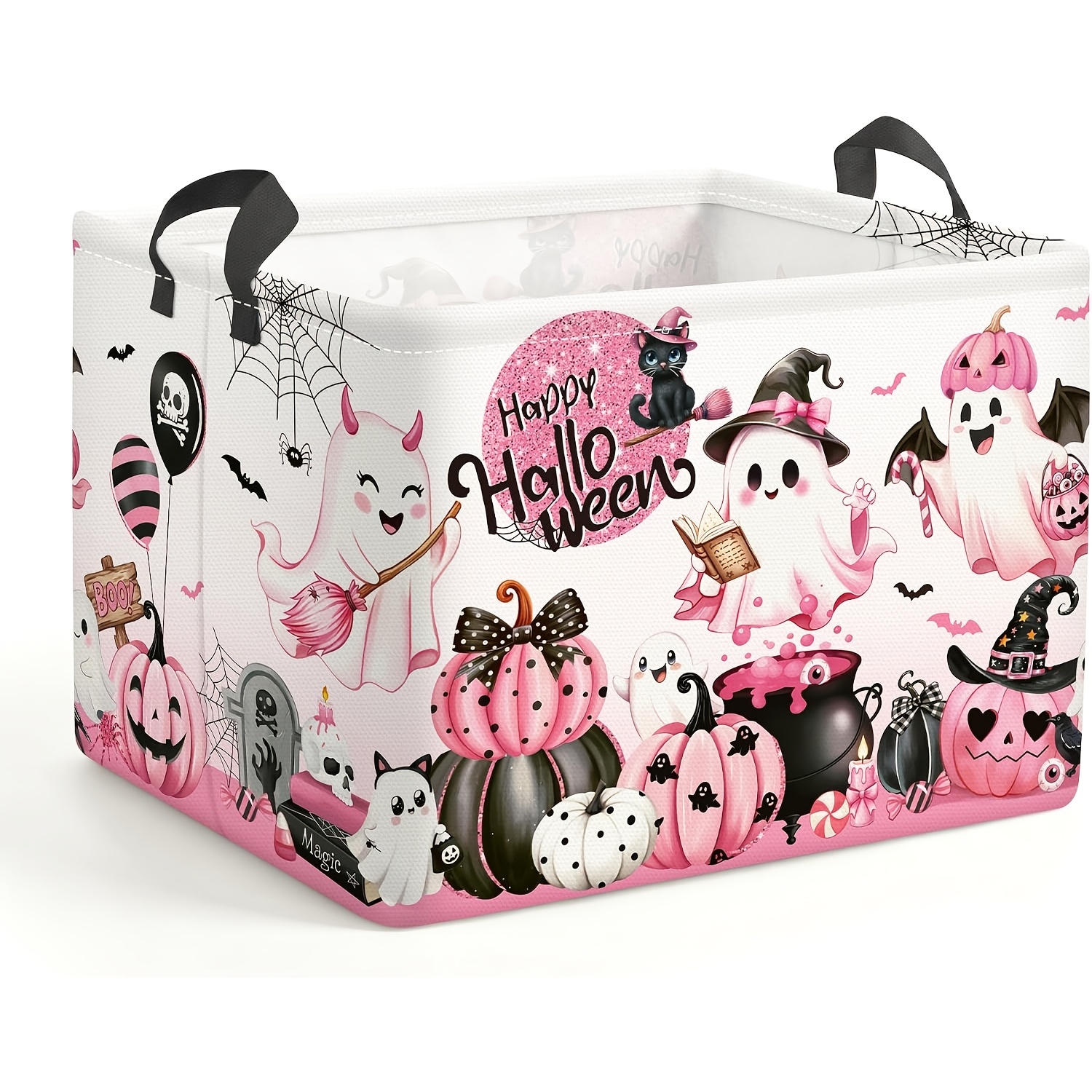 TEMU 1pc Foldable Horror-themed Storage Basket With Bat And Pumpkin Patterns - Pink "shh" Word Basket, Suitable For ' And ' Rooms, Laundry Rooms,