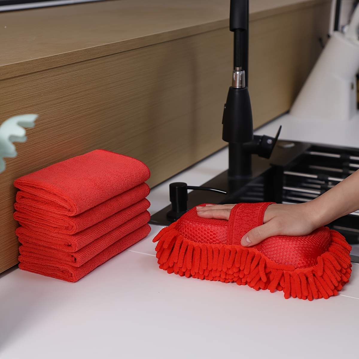 E-shop Super Saugfähiges Mikrofaser Auto Waschschwamm und Handtuch Set - 6-teiliges Set Enthält 1 Chenille Reinigungsschwamm mit Handschlaufe und 5