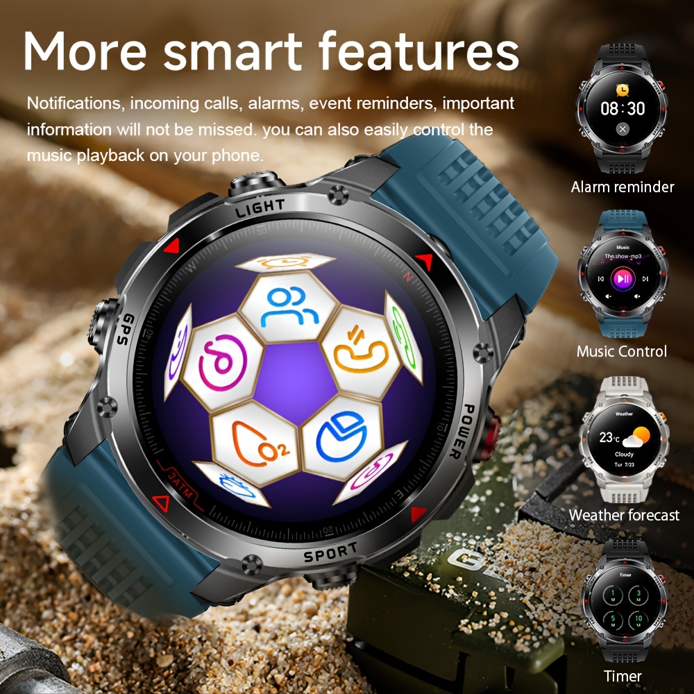 Heren Outdoor Smartwatch, GPS Nauwkeurige Positionering, Ingebouwd Kompas, LED Licht, 3ATM, Ondersteunt 100+ Sportmodi, Draadloze Gesprekken, Multimedia Informatie Weergave, Meerdere Weersmodi, Outdoor Avontuur Smart Armband, Metalen Behuizing Ontwerp