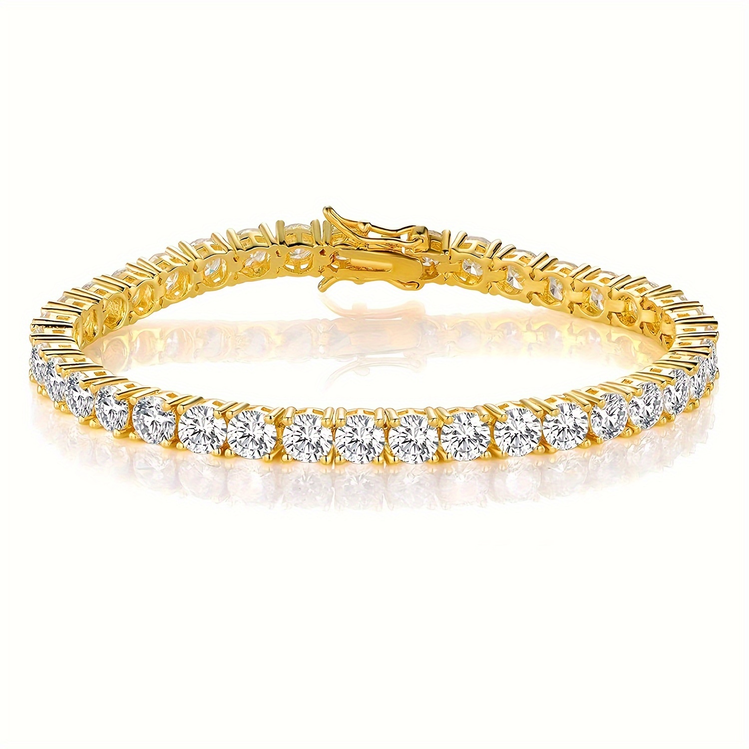 

5.0mm Round Cubic Zirconia Plated 4-prong Inlaid Golden Classic Tennis Bracelet 6.5/7/7.5/8/8.5 Inches, Unisex, Father's Day, Mother's Day, Birthday, Holiday, Anniversary Gift
