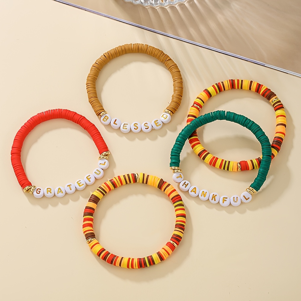 Thanksgiving Slogan Clay Bead Bracelet Set, Holiday Gift