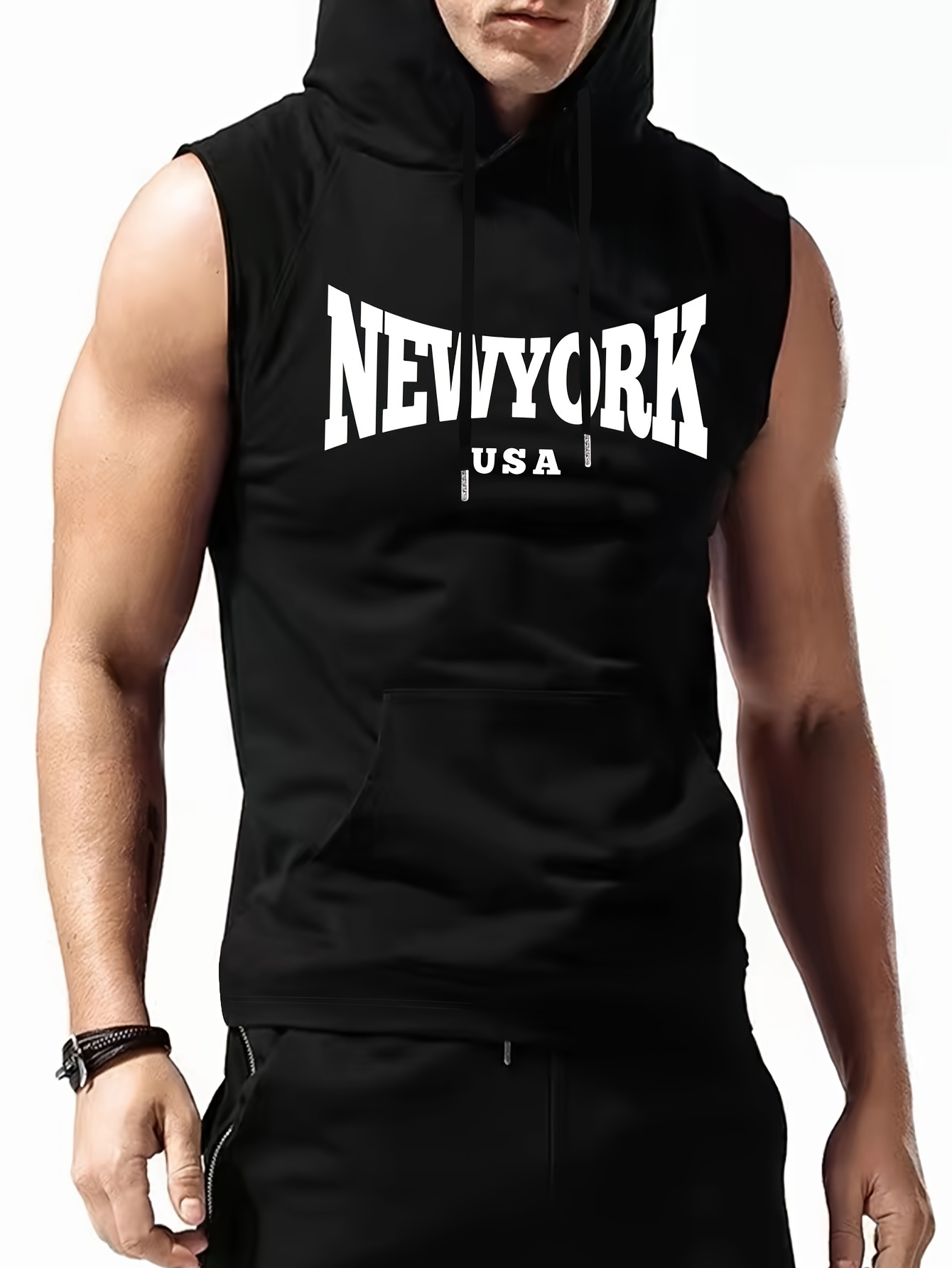 *'s Fashion Casual Hooded Tank Top – Polyester – Sleeveless Letter  Printed Athletic Vest – Black – Summer Wear