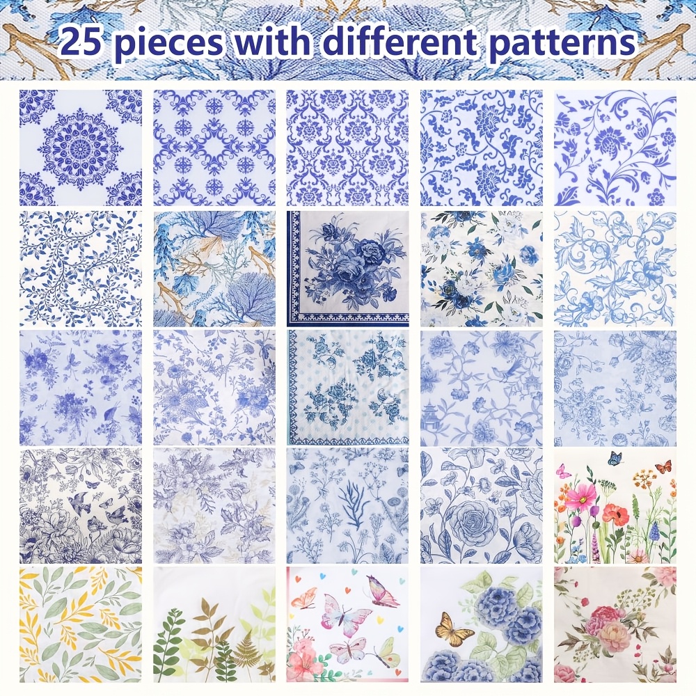 TEMU 25 Styles Of Napkins With Floral, , Bird, And Plant Themes, Featuring Blue And Green Flowers, Suitable For Cutting And Pasting Various Gift