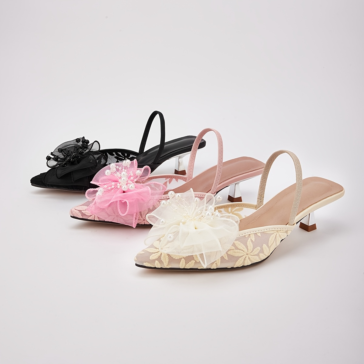 Womens New Embroidered Lace Mesh Sweet Bow Elegant High Heel