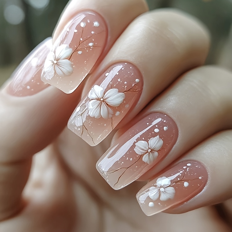 24pcs Of Star- Wearable Nail Stickers, Short Square Shape, Featuring A Pink Floral Gradient Design Pure, Elegant, And Delicate, With Removable Extensions And Jelly Glue, Including 1 Nail File