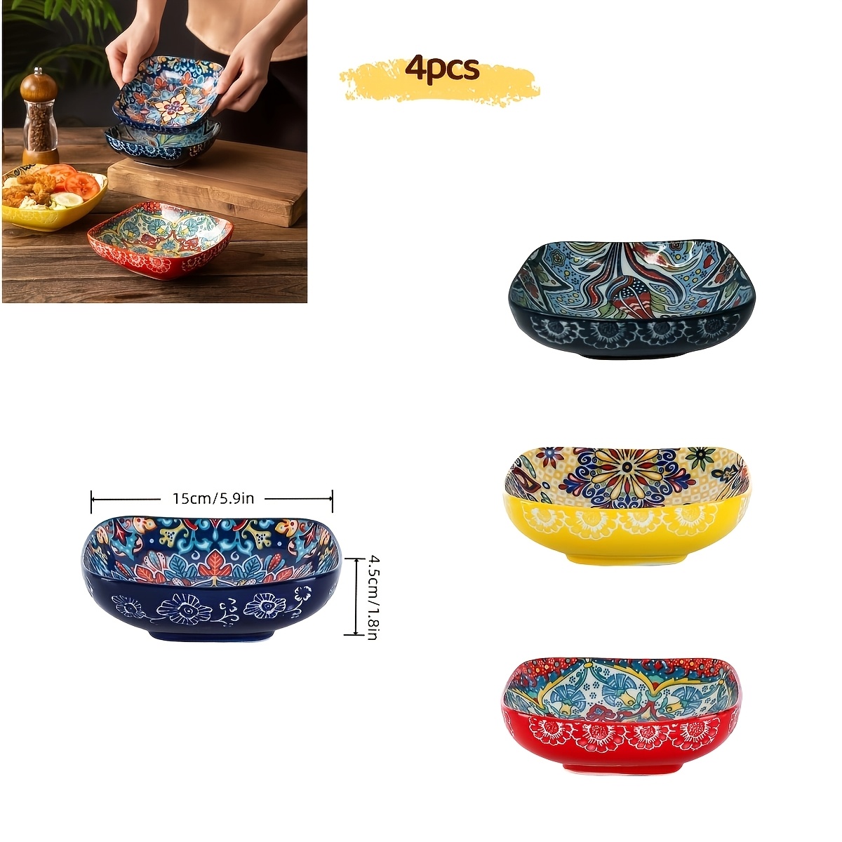 4pcs Bohemian Dinner Bowl Set, Plate, Kitchenware Set, Dishwasher And Microwave Safe, Suitable For Holding Rice, Salad, Steak, Fruit, Ideal For Home, Restaurant, And Buffet Use