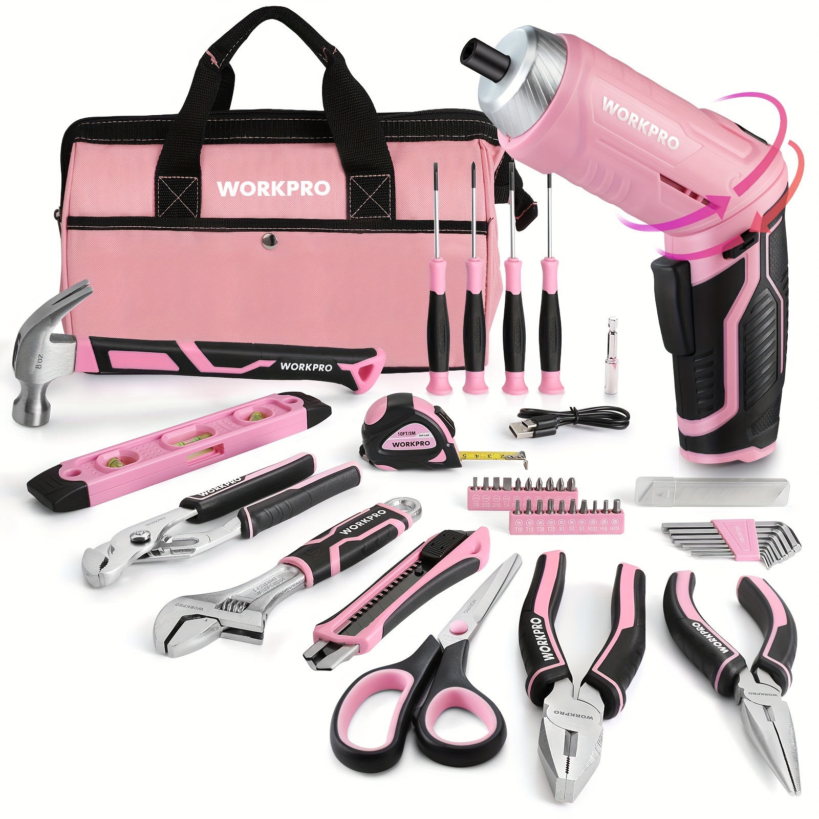 

Workpro 53-piece Pink Tool Set With Electric Cordless Screwdriver, Basic Tool Kit Set For Women With 13'' Portable Tool Bag For Diy Home Repair/maintenance -