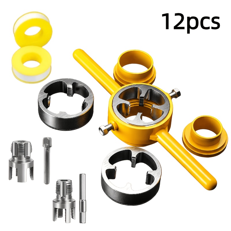 TEMU 12pcs Pipe Threader Tool Set, Electric Drill-powered Pipe Threading Kit With Ptfe Tape, Professional Plumbing Repair Tool For 1/2" And 3/4"