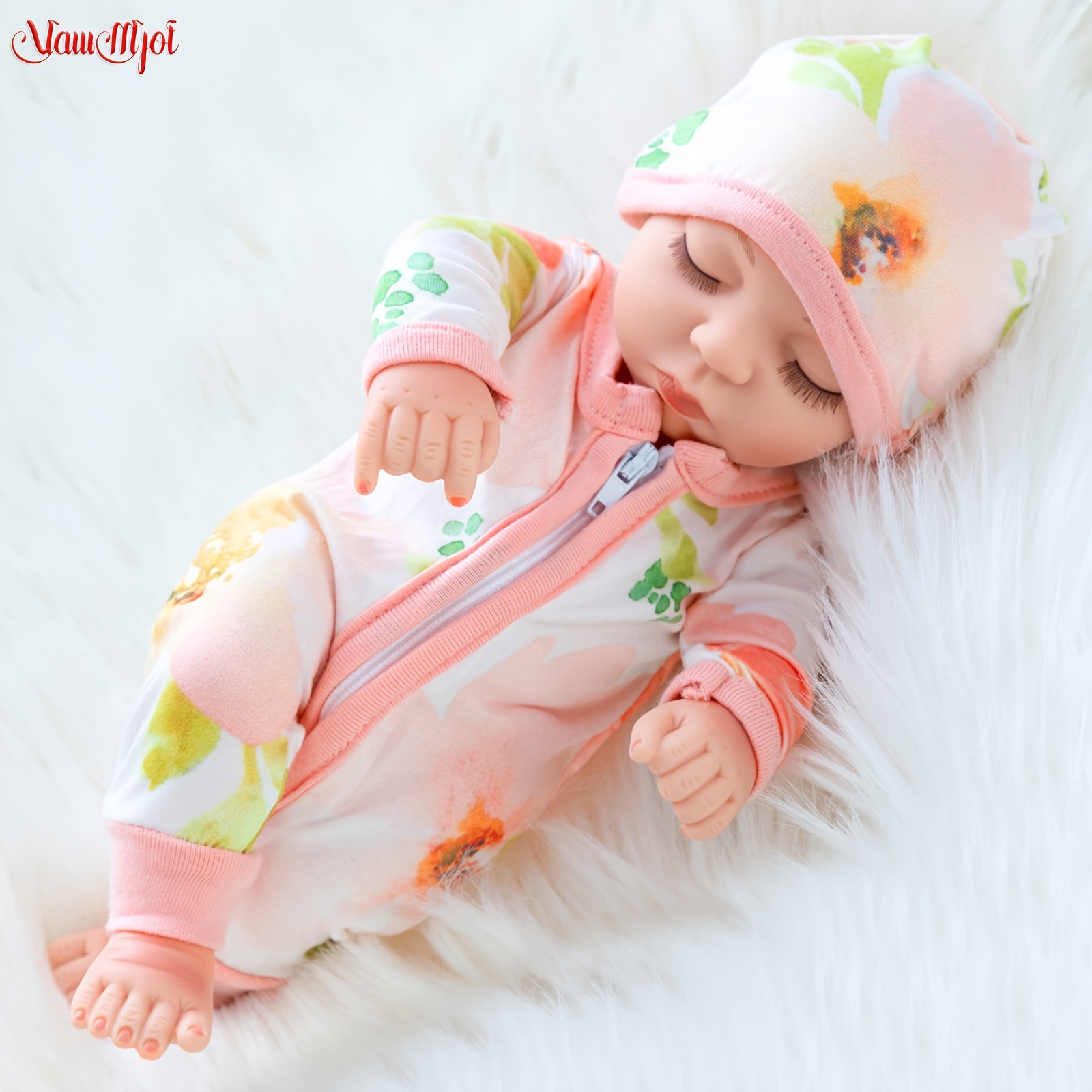 

10 Inch Newborn Reborn Baby Doll And Clothes Set Washable Realistic Soft Silicone Sleeping Baby Doll With Beautiful Flower Pattern Jumpsuit And Hat-best Gift For Kids Girls