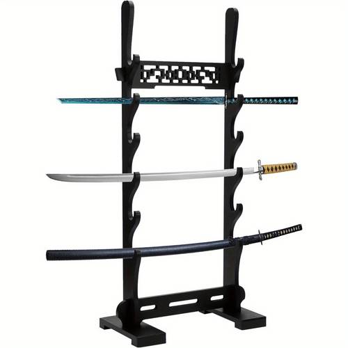 6 tier heavy duty sword display stand stable floor mount with wide base recycled wood construction holds katana samurai wakizashi for home cosplay collections easy assembly rack equipment elegant pattern sturdy build katana holder cosplay enthusiasts showcase classic hollow pattern martial artists