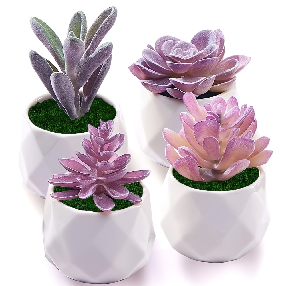 Image of 4pcs Artificial Plants And Succulents Faux Succulents In White Plastic Pots - -like Artificial Succulent Plants For Office Desk, Home Shelves, And Other Decoration Spaces