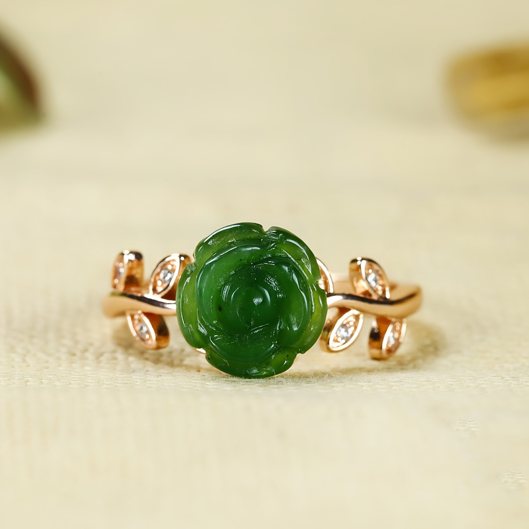 

1pc Inlaid Green Imitation Jade Stone Flower Open Ring Finger Ring