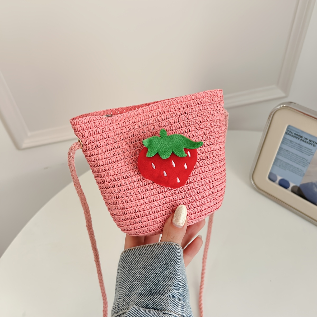 TEMU Borsa a spalla da donna, mini borsa a spalla femminile in paglia intrecciata a forma di fragola, borsetta a forma di