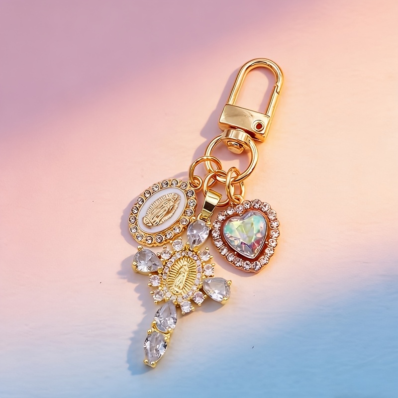 TEMU 1 pièce Porte-clés religieux élégant - Croix dorée avec synthétique, Cadeau catholique pour hommes et femmes, Breloque mignonne pour sac à main