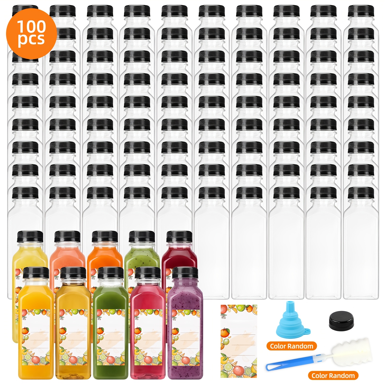 TEMU Tomnk 100pcs 16oz/ 40pcs 12oz Plastic Bottles With Caps, Juice Bottles, Juice Bottles With Caps With Black Caps Juice Bottles , Funnel And Brush