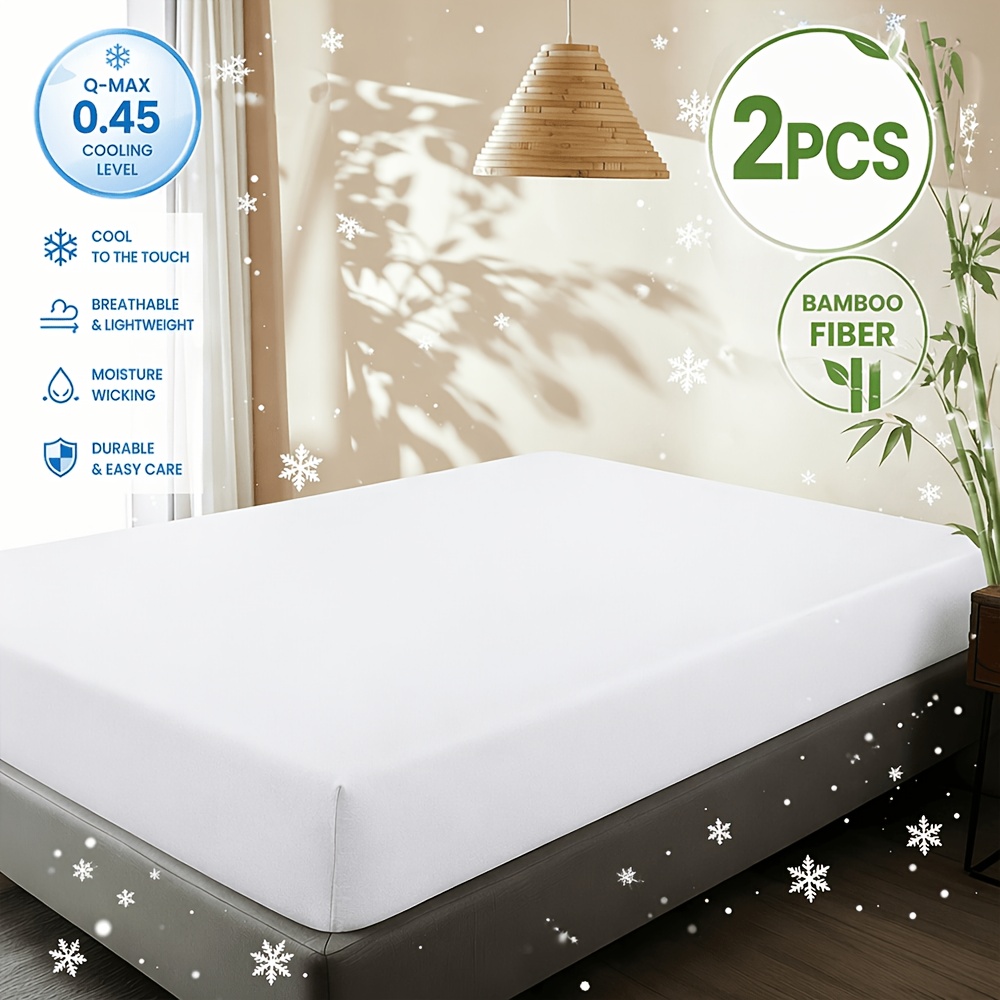Image of 2- Summer Bamboo Fiber Cooling Fitted Sheet (pillowcase Not Included), Breathable For , 360° Elastic Wrap Fitted Sheet, Wrinkle/fade/shrink Resistant, Machine Washable, Multiple Colors