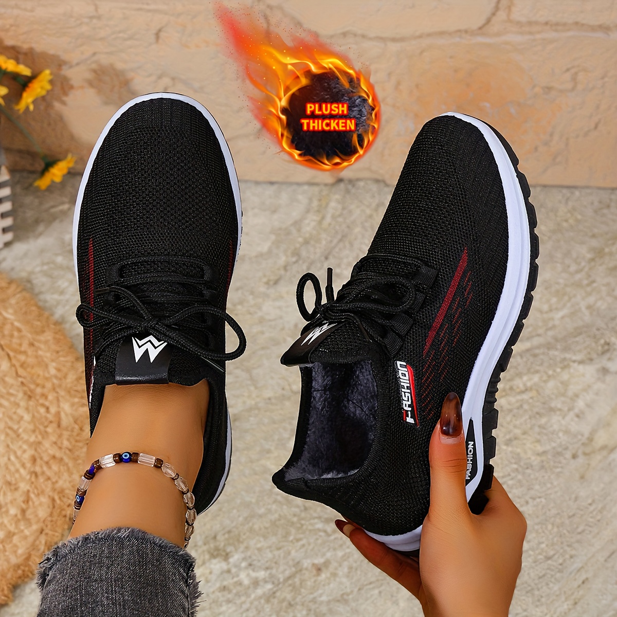 Image of Autumn Winter Fleece-lined Height-increasing Anti-slip Sports Shoes Women's Winter Fleece Warm Trendy Sneakers White Shoes For Outdoor , Women Shoes