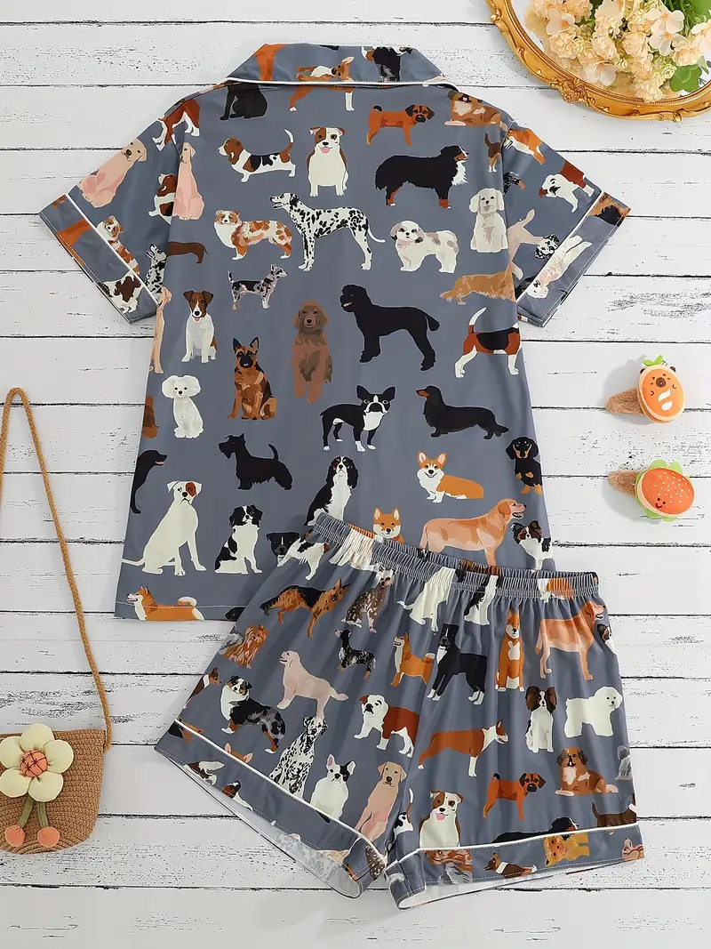 womens pajama set with cartoon dog animal print dark gray short sleeve shirt with pocket elastic waist shorts casual comfortable loungewear for Product details 1