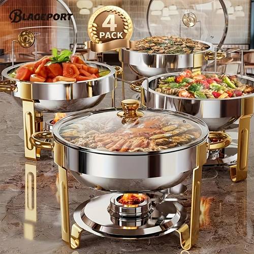 2 4pcs buffet hot pot set 5qt 95 pre assembled round buffet hot pot set with glass lid and lid rack stainless steel hot pot food warmer for party catering wedding cooking