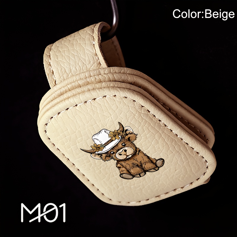 TEMU 1pc Durable Faux Leather -one Car Eyeglass Clip With Highland Cow Pattern Magnetic Sunglasses Holder Card Storage Installation Versatile