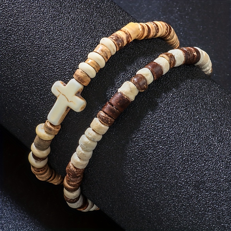 Cross Element Coconut Shell Wooden Beads Bracelet Set