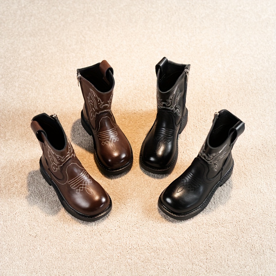 

Trendy Cool Embroidered Pattern Boots With Zipper For Boys Girls, Non-slip Wear-resistant Boots For Spring And Autumn