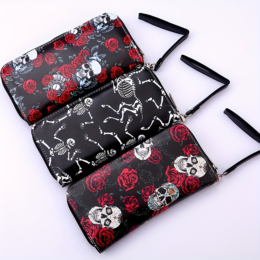 

Gothic Skull Print Mini Long Wallets, Pu Leather Clutch Wristlet With Multiple Card Slots(7.67 ''x 3.93''x 0.98'')