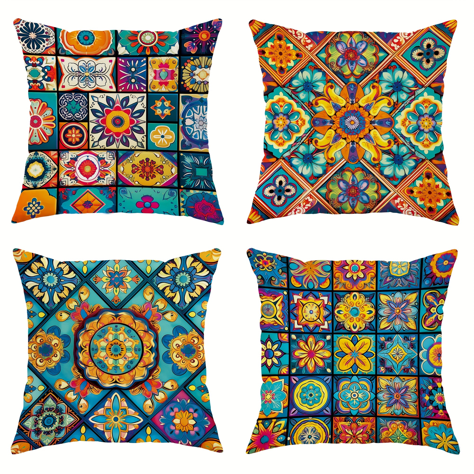 

4pcs, Velvet Throw Pillow Covers, Persian Bohemian Moroccan Floral Blue Lime Orange Throw Pillow Covers 18*18inch, For Living Room Bedroom Sofa Bed Decoration