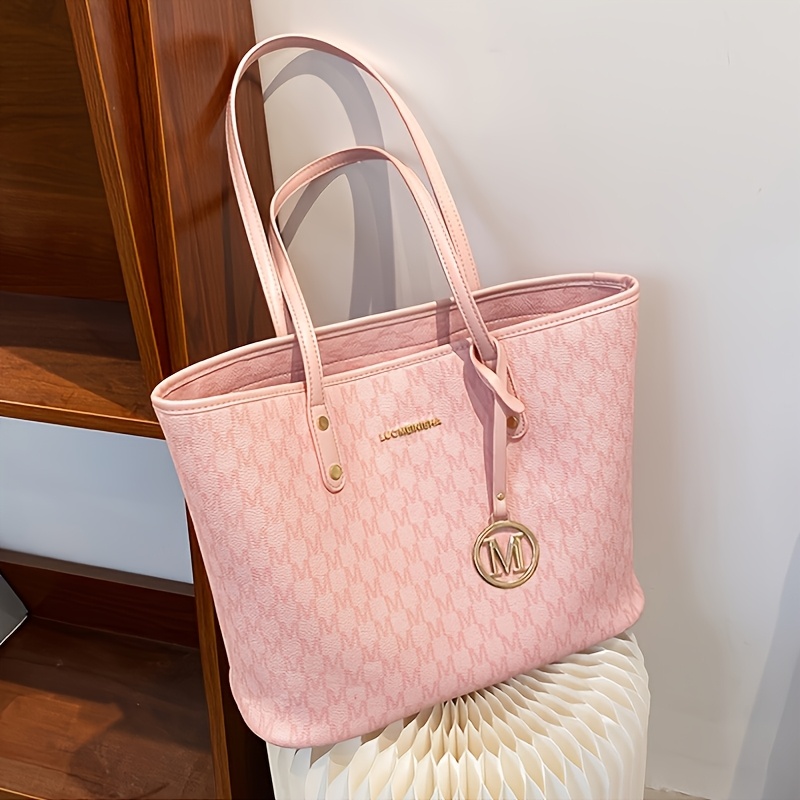 Image of Women's Bright Tote Bag With M-shaped Letter Print - Large Capacity Zipper Closure Handbag, Elegant For,, Shopping & Daily Use - Stylish Handbags For Professional &