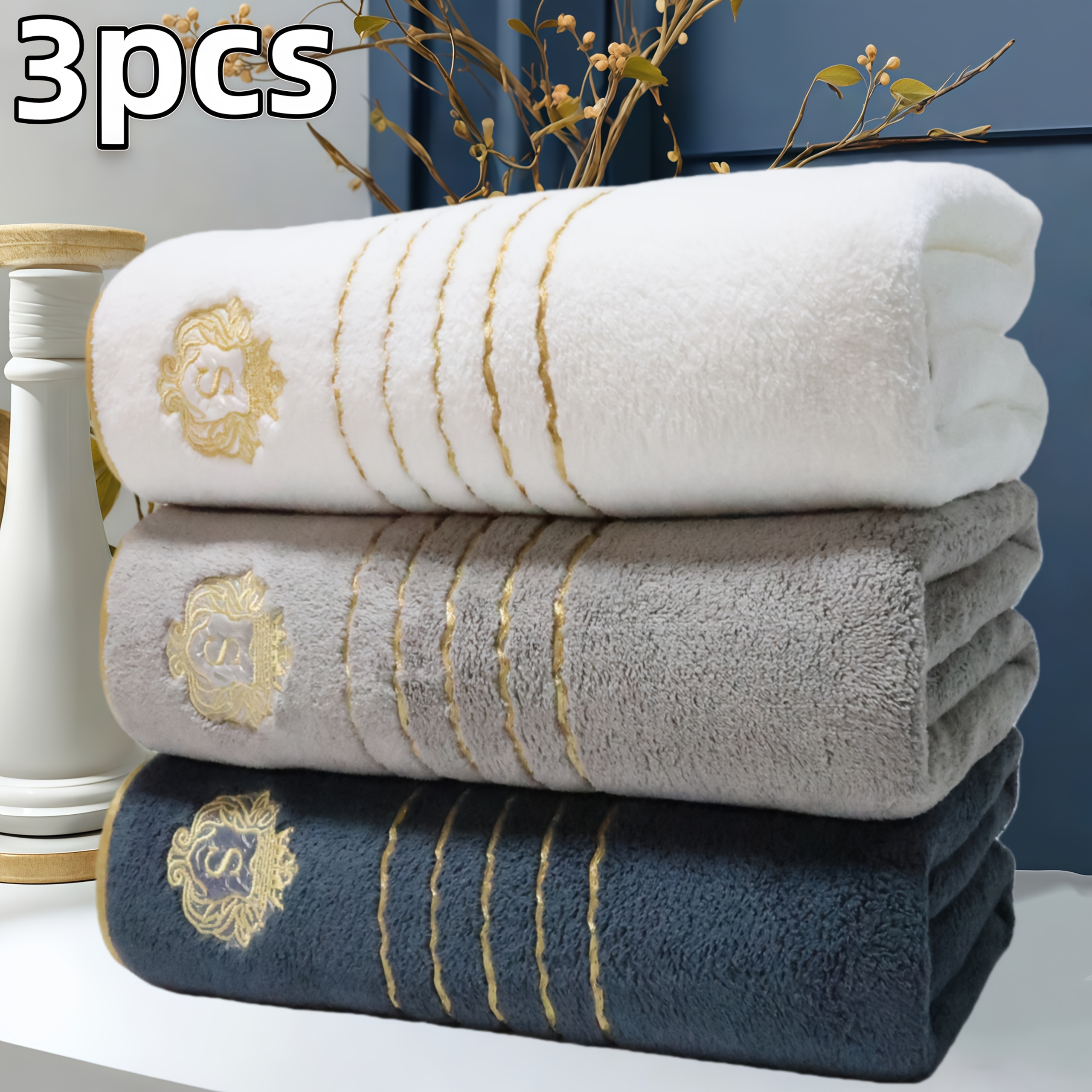 TEMU 3pcs Bath Towel Set, Crown Embroidery With Ribbon, 70x140cm/27.5x55in, Multiple Colors, Absorbent, Quick-drying, Soft And Comfortable, Bathroom