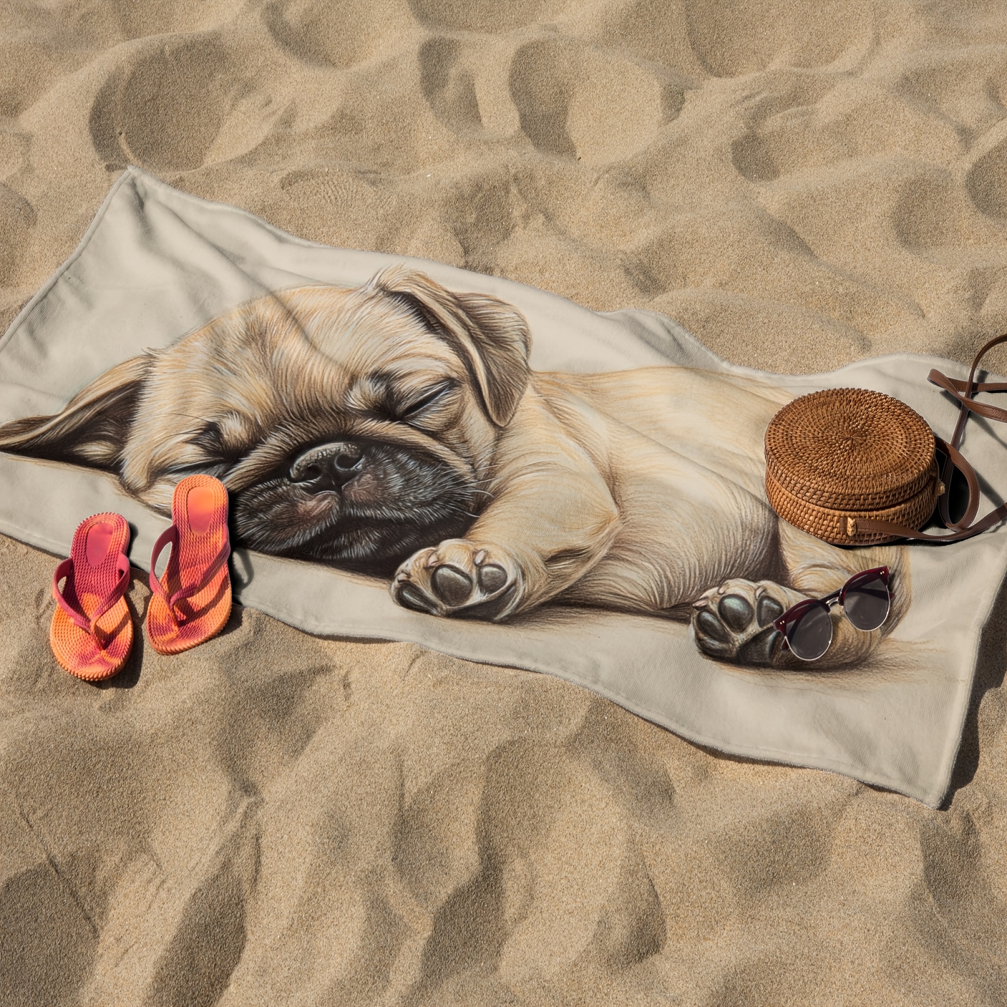 Microfiber Beach Towel With Sleeping Pug Puppy Design Lightweight_voghion.com