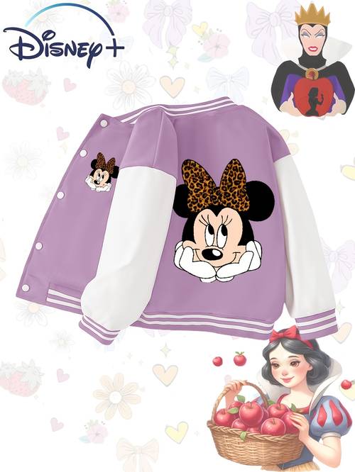 leopard print cartoon animation pattern printing single baby girl rose red baseball uniform jacket casual and cute college style small stand up collar open baseball uniform jacket outdoor jacket