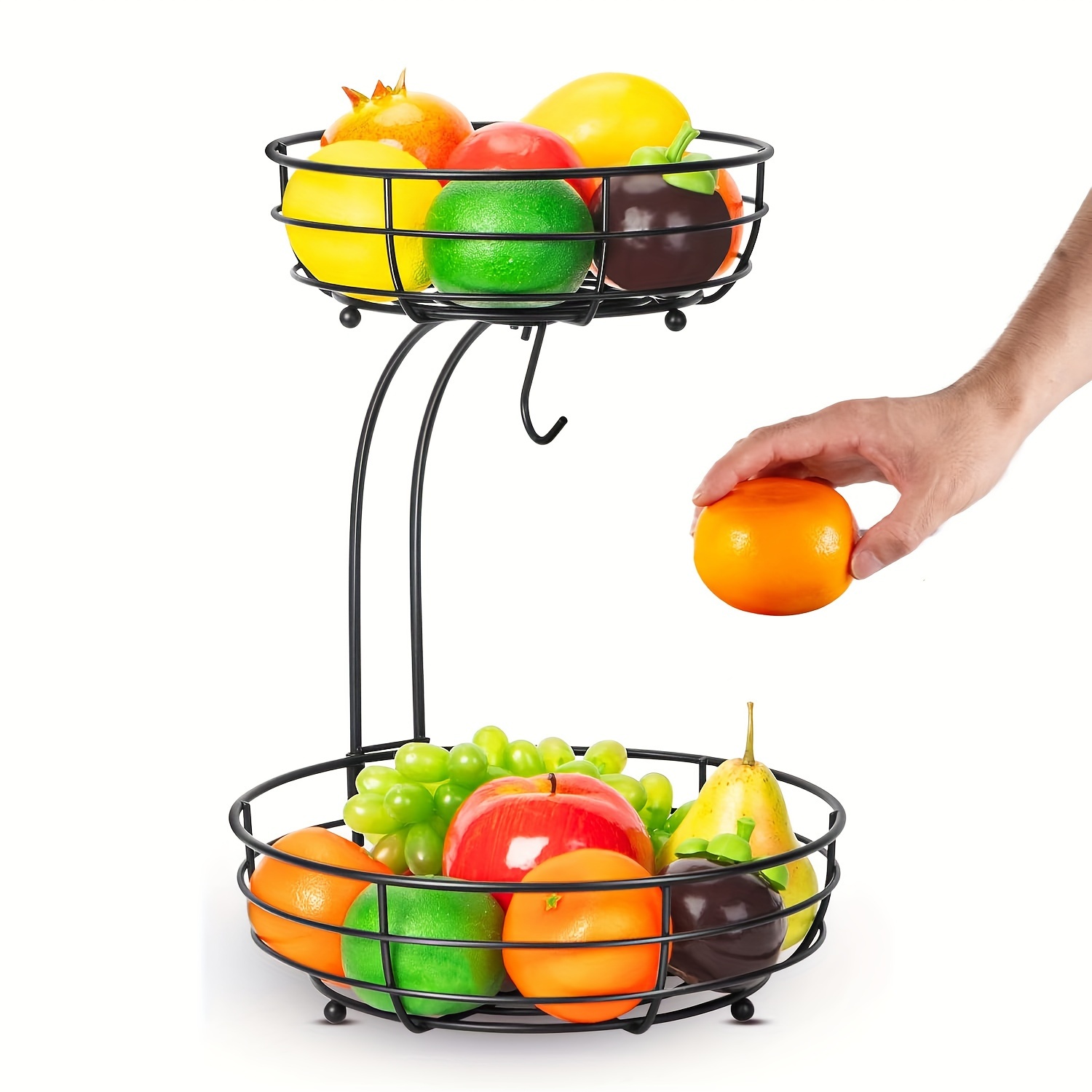 

1pc 2-tier Countertop Fruit Basket Bowl With Banana Hanger, Metal Wire Vegetable And Fruit Produce Storage Baskets For Kitchen, Fruits Stand Holder Organizer For Bread Snack Veggies, Black
