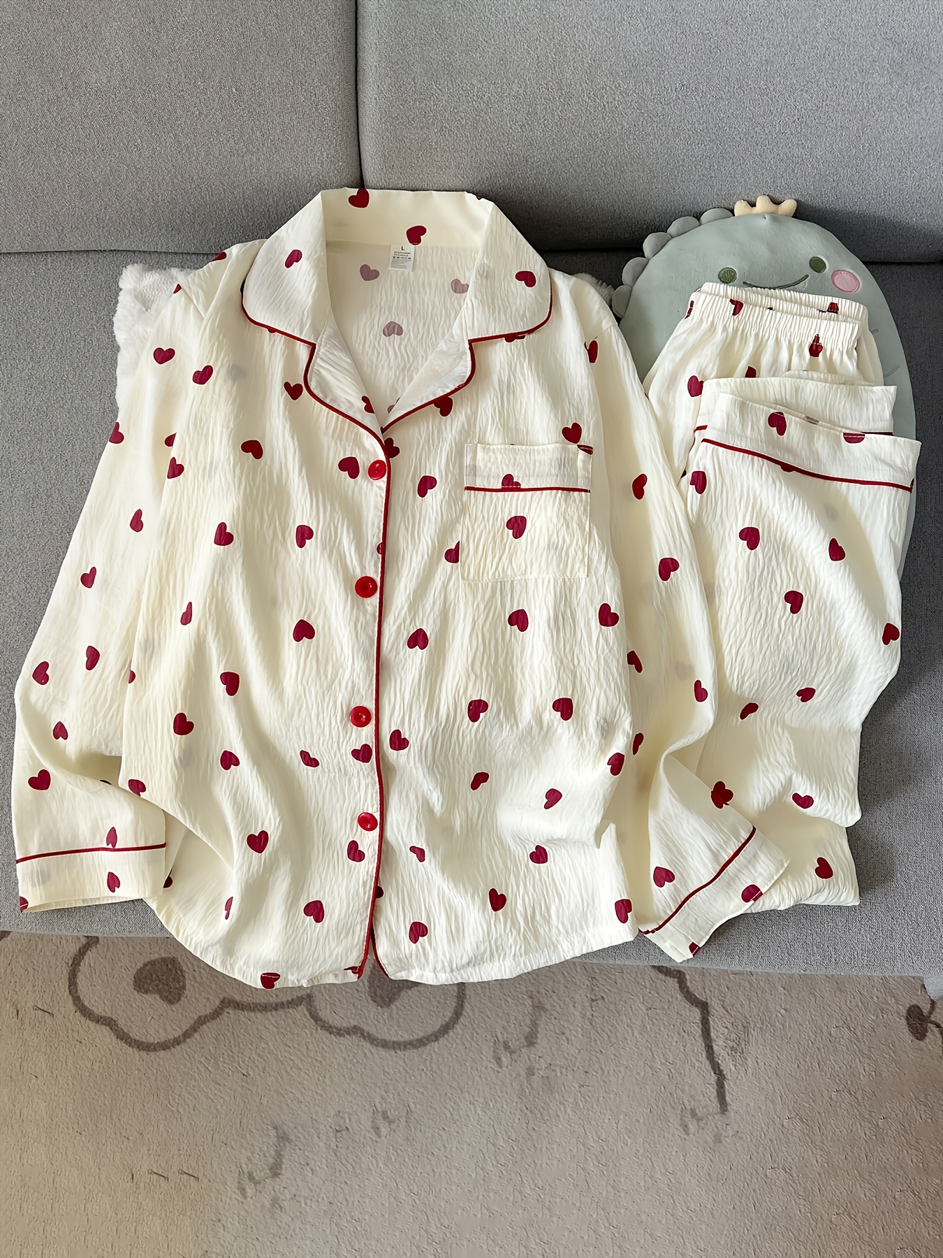 womens 2pcs pajama set autumn heart print long sleeve and long pants sweet and cute suitable for outer wear homewear set for spring autumn and summer lightweight   room wear apricot color
