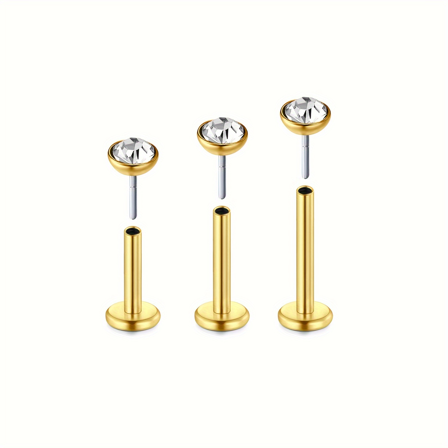 TEMU 16G 316L Acero Inoxidable Pendientes de Oreja Dorados Trasera para Hombres - Joyería de Zirconia Sintética de 6mm, 8mm y 10mm, Montura de ,