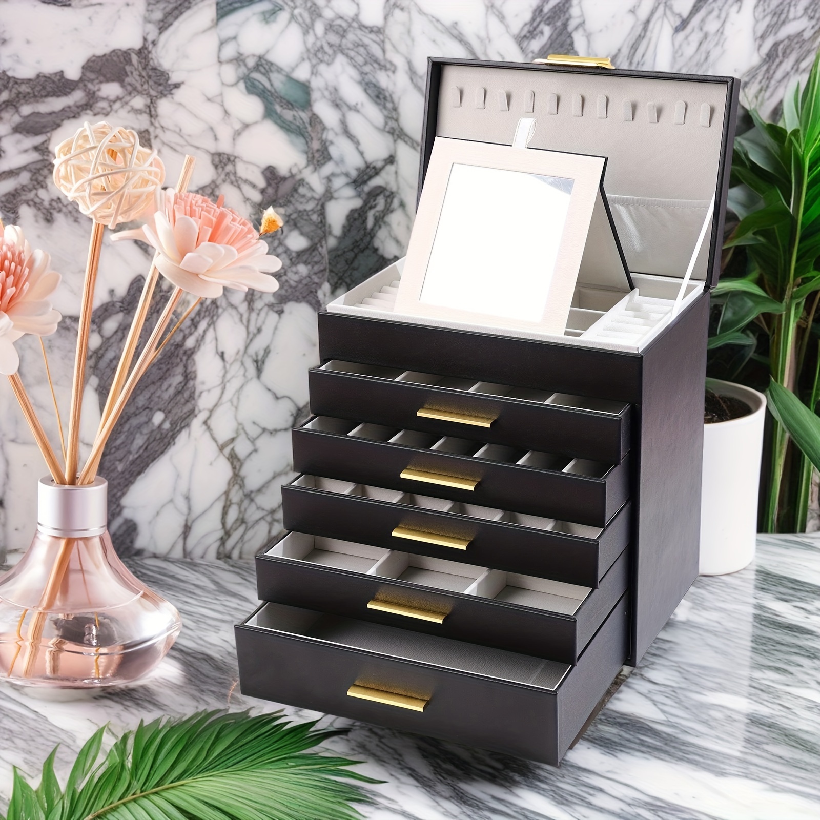 6 layer   leather jewelry organizer box with   large capacity multi drawer storage for necklaces earrings watches glasses soft fabric lined compartments golden handles elegant   jewelry organizer storage necklace display stylish display     fashion enthusiasts Product details 4