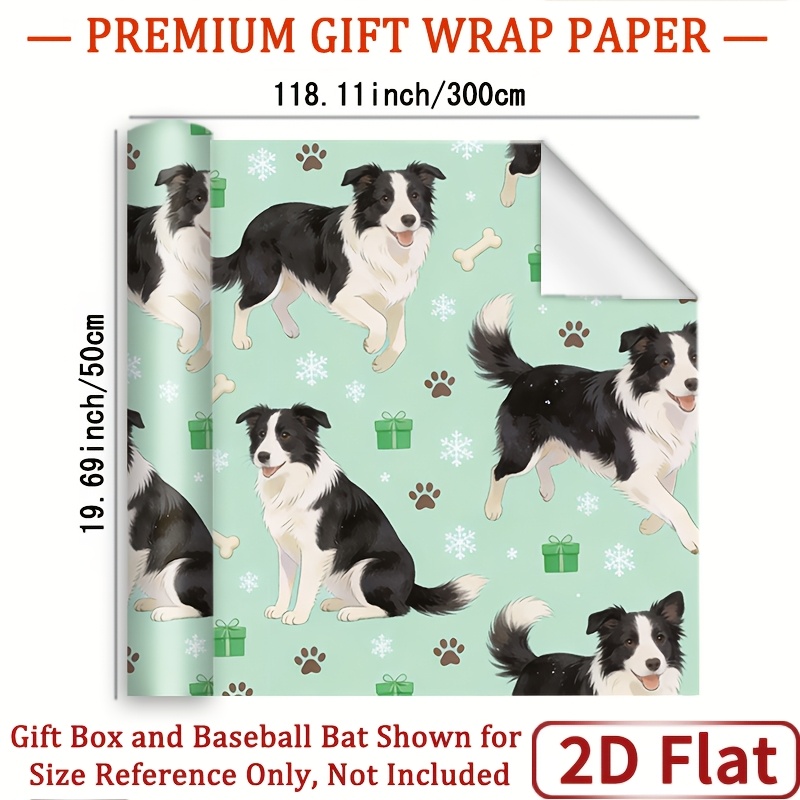 TEMU 1 Roll Border Collie Wrapping Paper Suitable For Pet-themed Gifts, Glossy Light With Black & White Border Collie, Bones & - Roll For Diy Crafts,