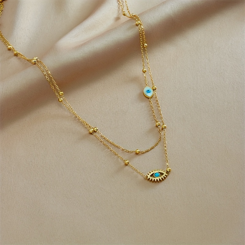 

Stainless Steel Golden Plated Necklace With Double-layer Chain, Blue Eyes Trendy Jewelry Gifts