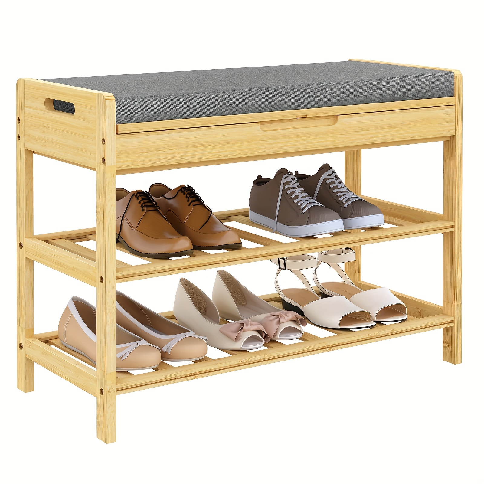 Image of 1pc Shoe Rack Shoe Cabinet With Bench, Shoe Of Bamboo, With Seat, With 2 Shoe Shelves, 1 Closed Storage Compartment, For Hallway Entrance Living Room, 68x50x30cm