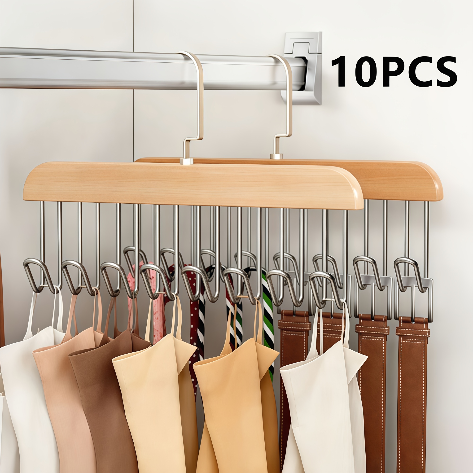 Image of Set Of 10 Wardrobe Belt Holders, Wooden Hangers Featuring 8 Hooks, A Tie Hanger That Rotates , -efficient Organizer For Storing Scarves, Ties, And Belts