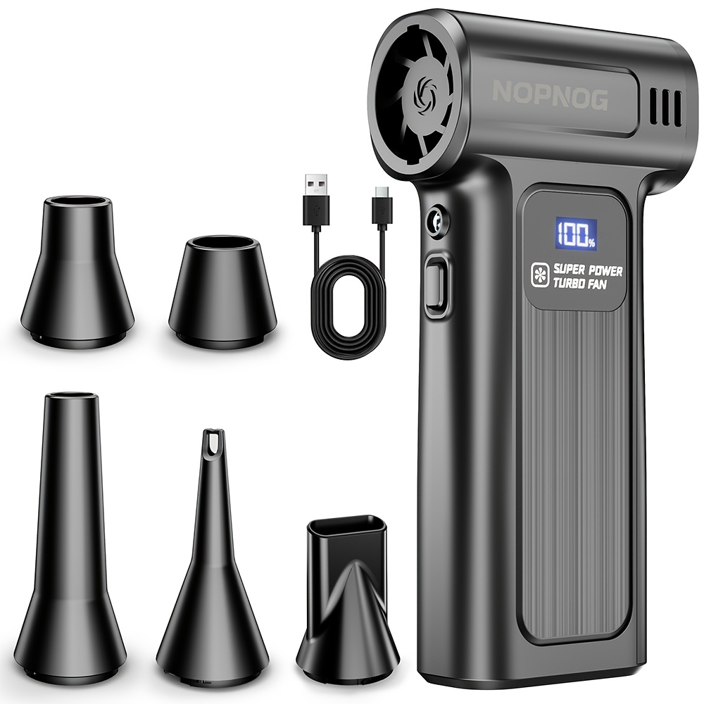 TEMU Electric Air Duster 110000rpm Turbo Jet Fan Powerful Blower-5 Nozzles Car Snow Blowing And Cleaning Fan Type-c Accessory Suitable For Cooling,