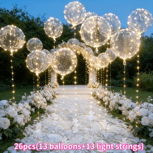 zestaw 26 szt.: 13 balonów + 13 lampkowe girlandy, przezroczyste balony bobo z diodami led, dekoracje z unoszących się balonów napełnianych . nadaje się do dekoracji ślubnych i urodzi ch, artykuły na przyjęcia. idealne na wesela, zaręczyny, boże narodzenie, rok i walentynki - zasilane