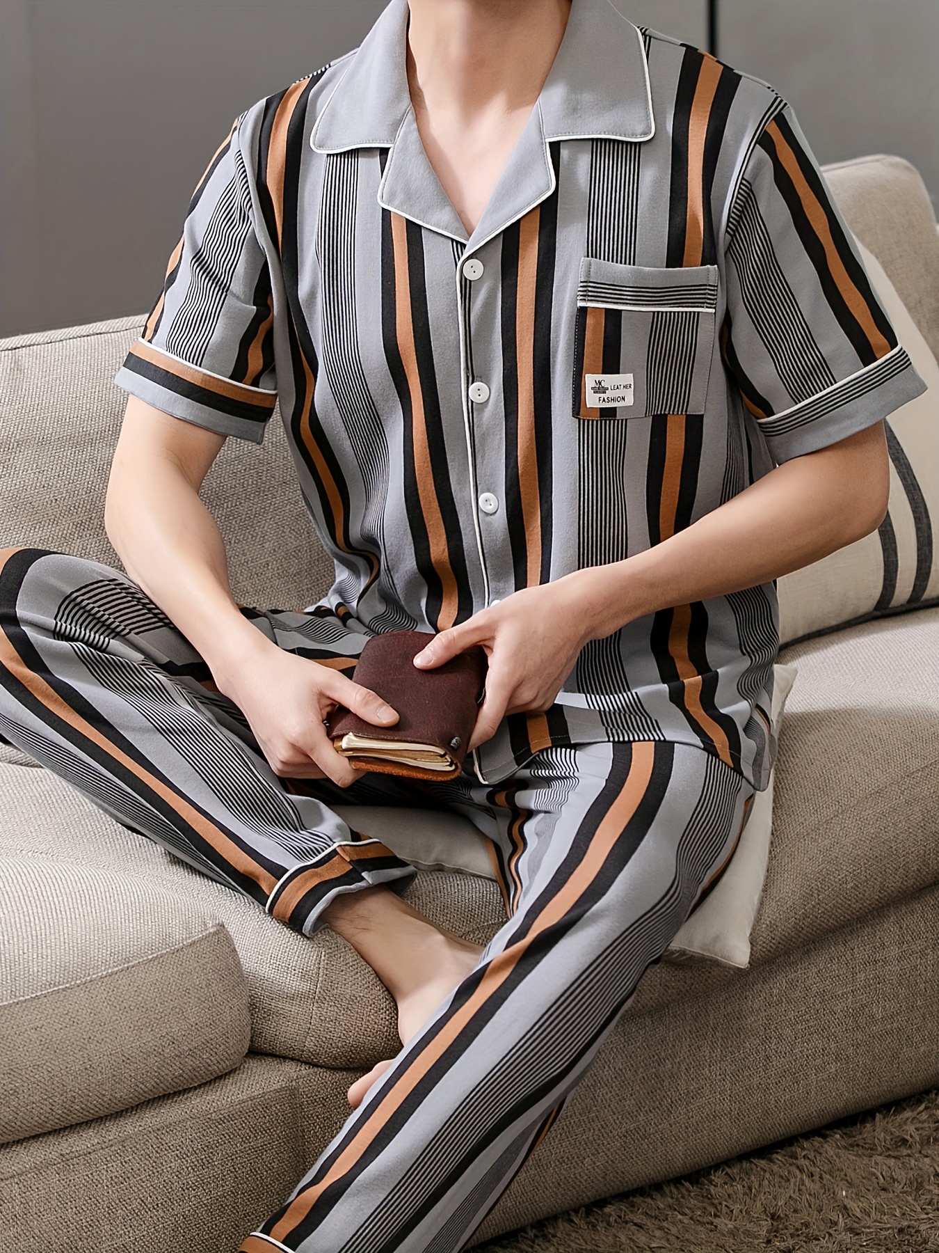 Men's Cotton Pajama Set - Striped Short Sleeve & Long Pants, Lightweight Summer Sleepwear with Lapel Collar and Pockets