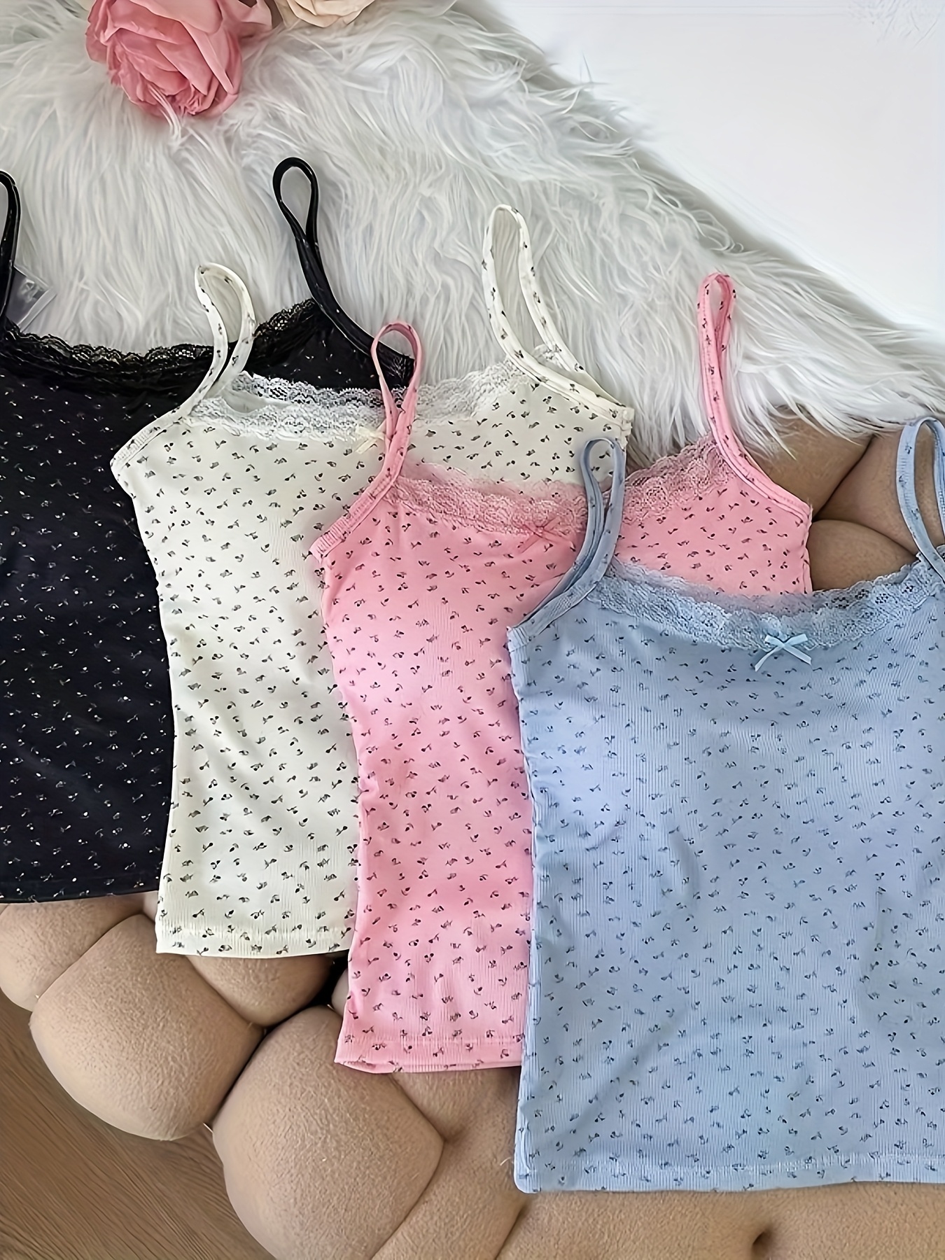 4pcs womens lace   small floral camisole vest set built in non removable padding shaping and beauty   fashionable and versatile mixed colors 5