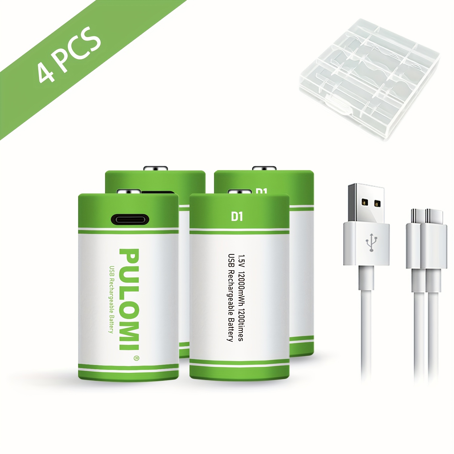 TEMU Set Of 4 D Batteries, Rechargeable Lithium Batteries With Usb/type-c, Featuring A High Capacity Of 1.5v 8000mah 12000mwh, Of Fast Charging In 3