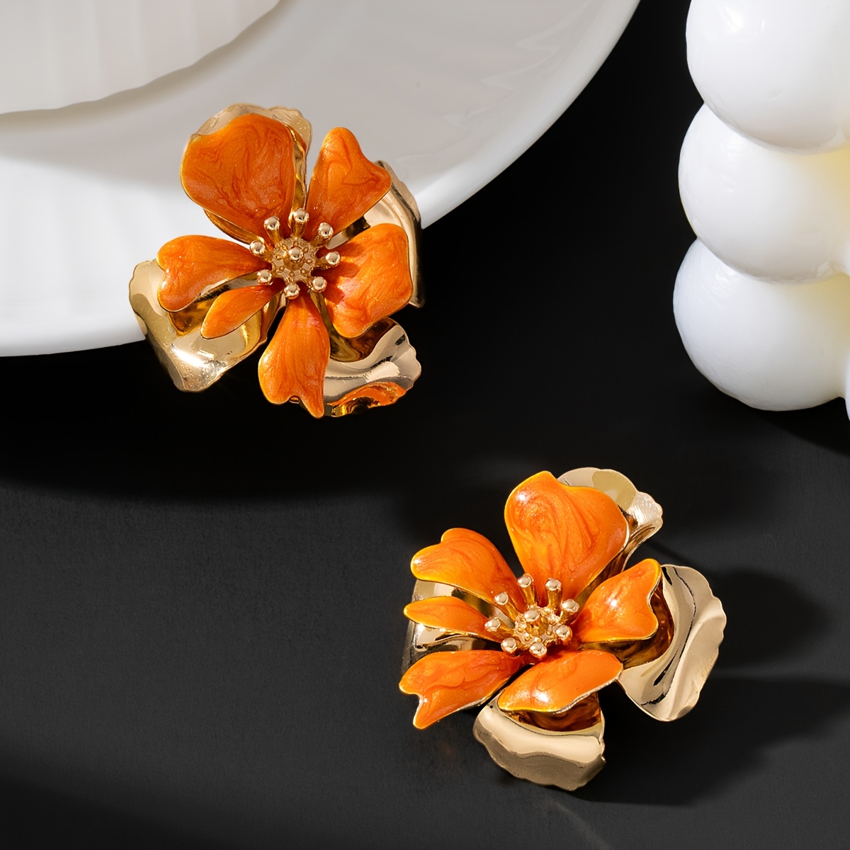 Radiant Handmade Double-Layered Orange Blossom Ear Studs, Festive Gift